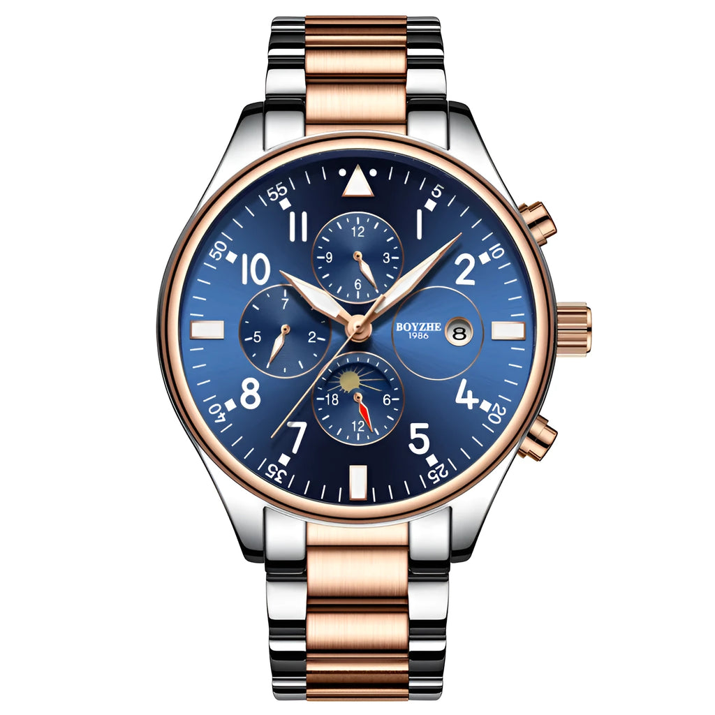 Automatic mechanical watch with steel belt, 40mm dial, metal case, butterfly clasp, rose gold blue colour