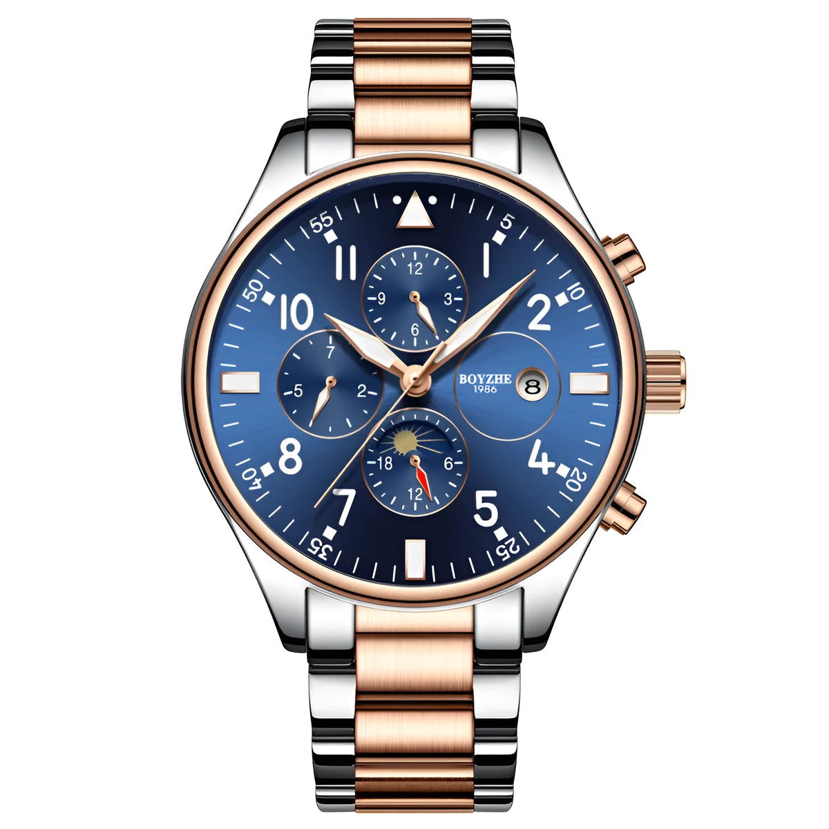 Automatic mechanical watch with steel belt, 40mm dial, metal case, butterfly clasp, rose gold blue colour