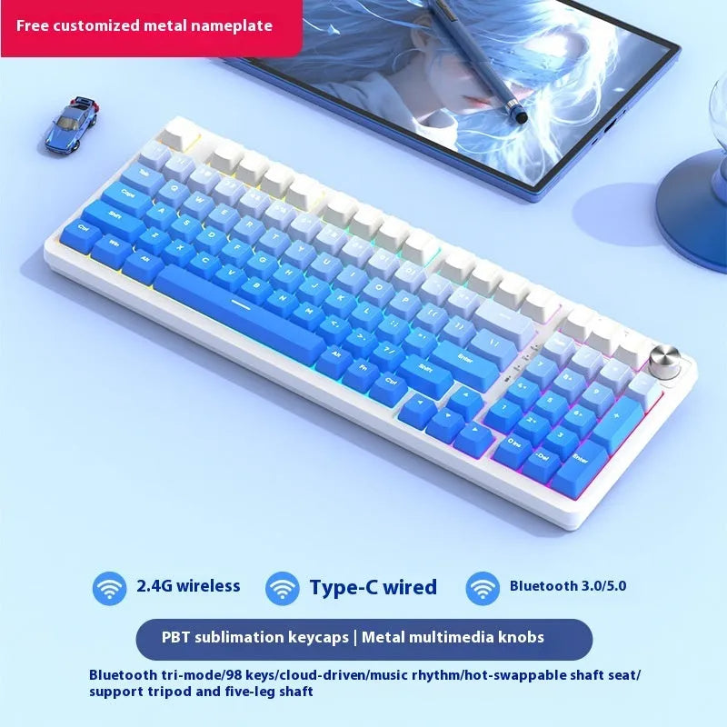 98-key wireless Bluetooth mechanical keyboard kit with metal knob on desk