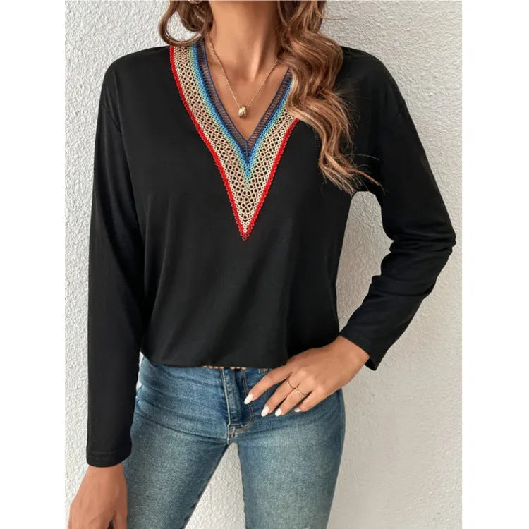 Autumn winter lace spliced V-neck loose long sleeve polyester top in green