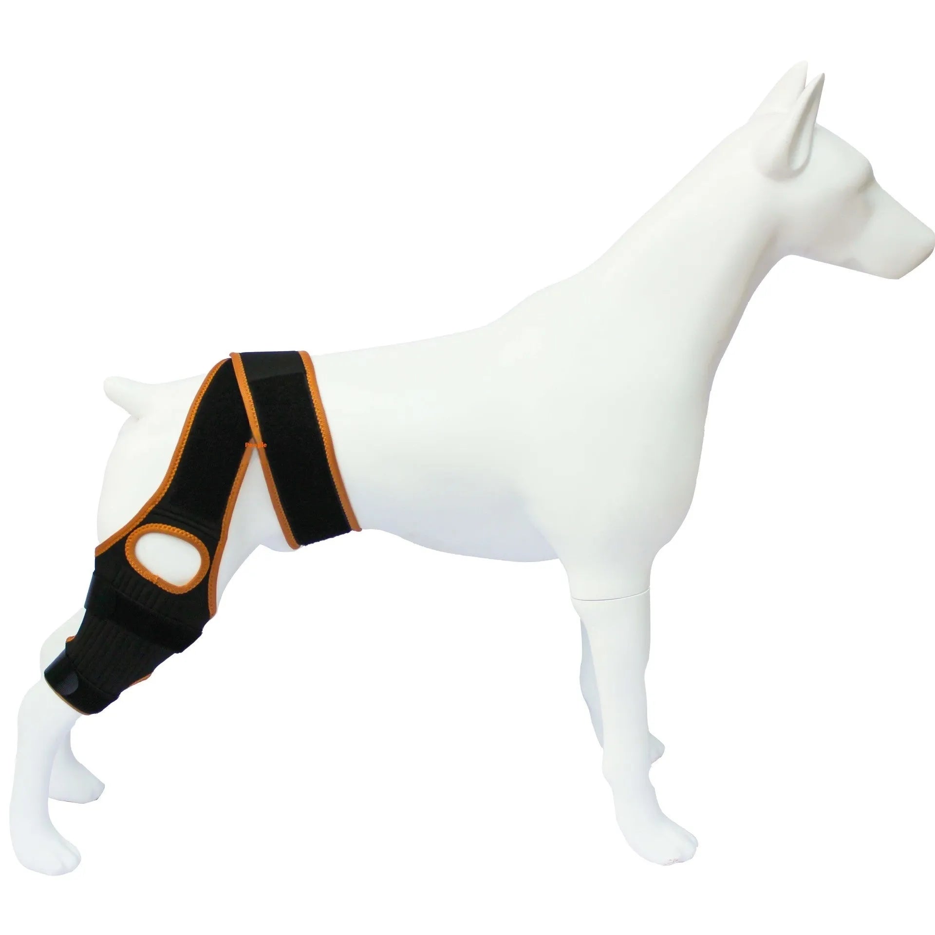 A neoprene dog hind leg knee brace assist strap shown in sky blue, wrapped around a canine leg model.