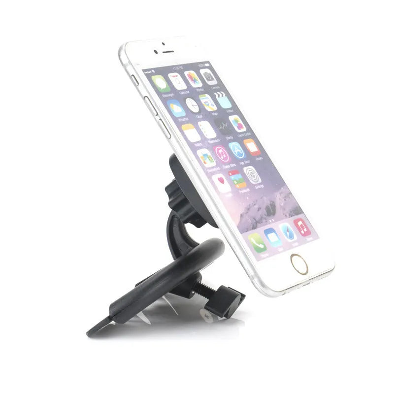 Black car phone holder inserted in CD port with adjustable clamp holding a smartphone horizontally for GPS navigation