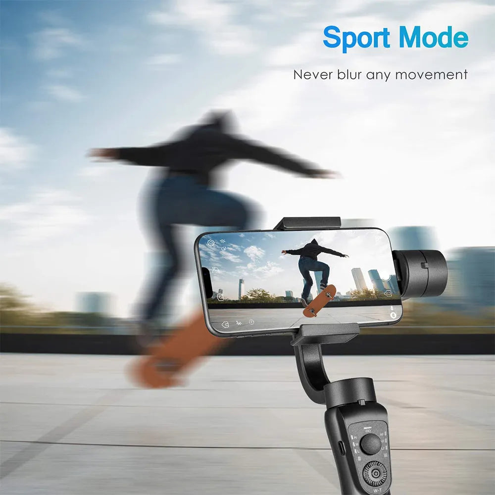 Black three-axis handheld gimbal stabilizer for mobile phones with extended battery and included hard case.