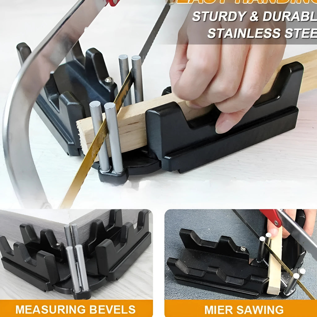 2-in-1 mitre measuring cutting tool in black and yellow with plastic ABS and stainless steel construction