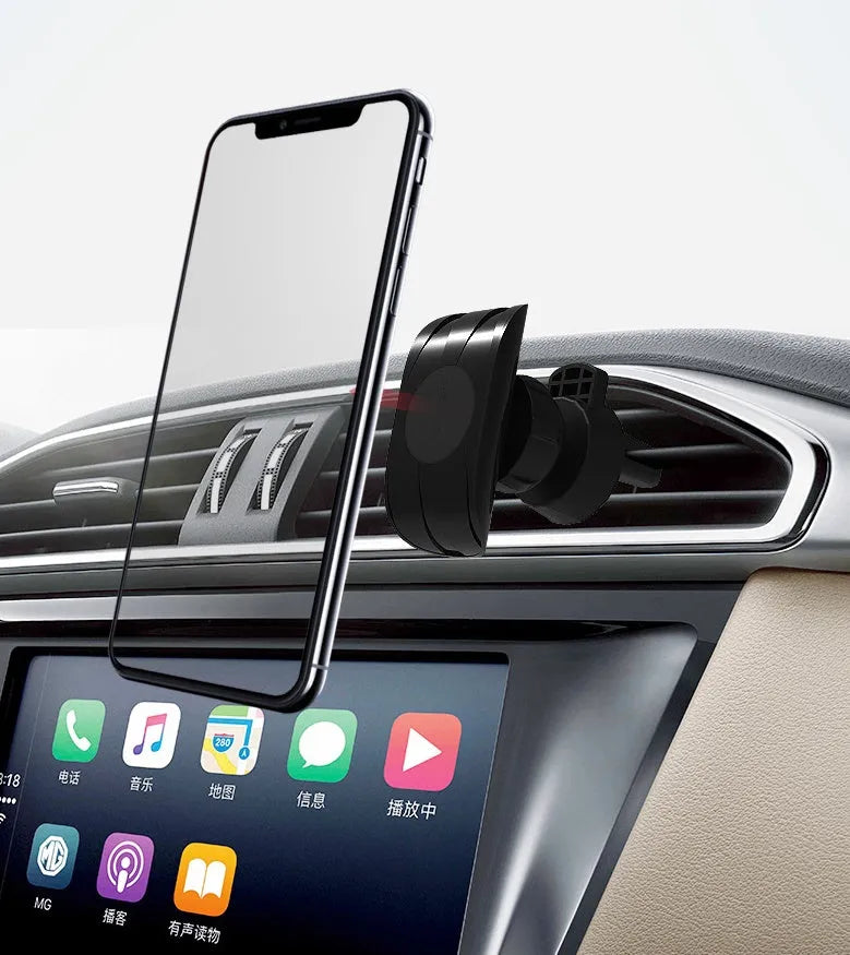 Black universal car phone holder attached to a car air vent, showing flexible gooseneck arm and adjustable phone cradle.