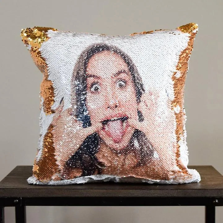 Custom photo sequins throw pillowcase 40x40cm gold front with personalised picture