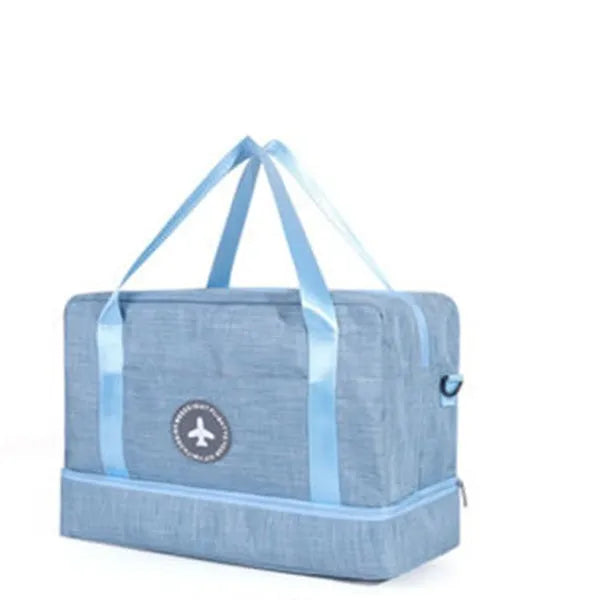 Dry and wet separation travel bag in purple made of waterproof cationic Oxford cloth, showing cube shape with double chambers