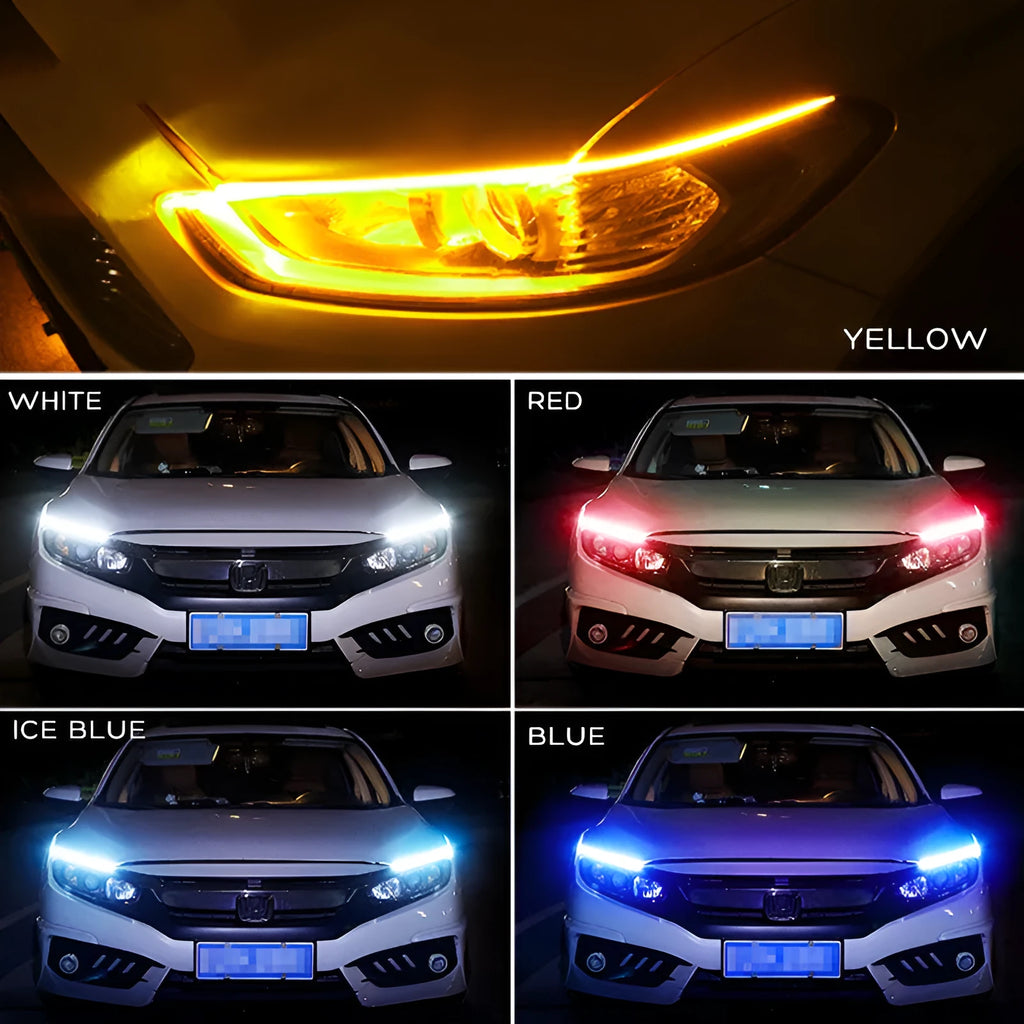Flexible silicone car LED daytime running light strip with flowing turn signal function in 30cm length.