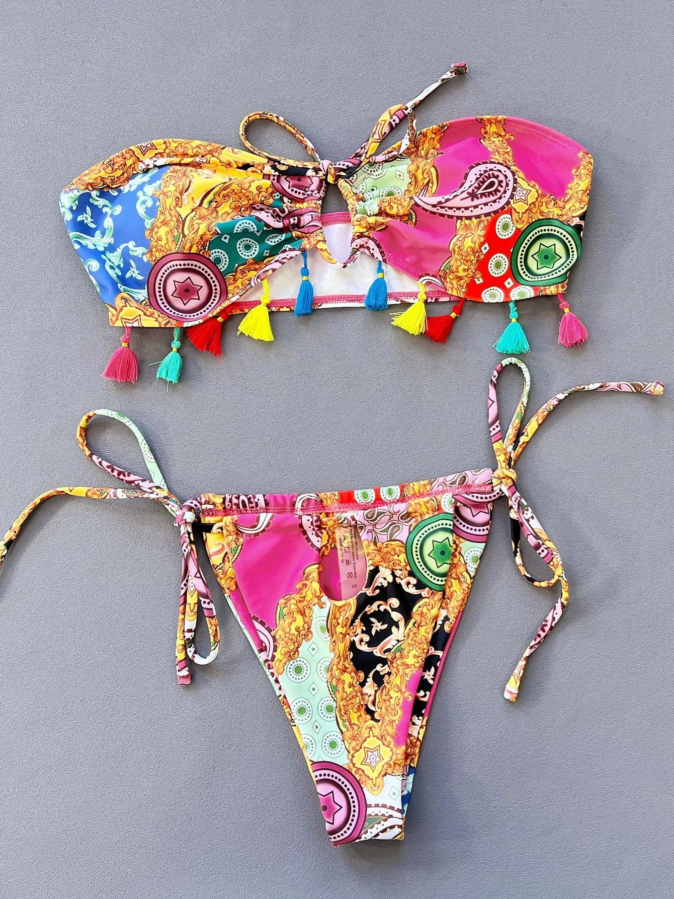 Women's printed separate swimwear bikini set with tube top and briefs