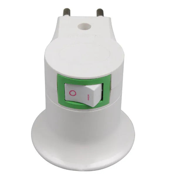 White UK wall plug-in E27 screw lamp holder with a built-in on/off switch.