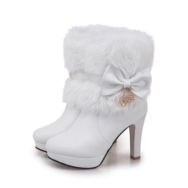 Women's short boots artificial PU thick heel 10cm round toe black pink white sizes 32-43