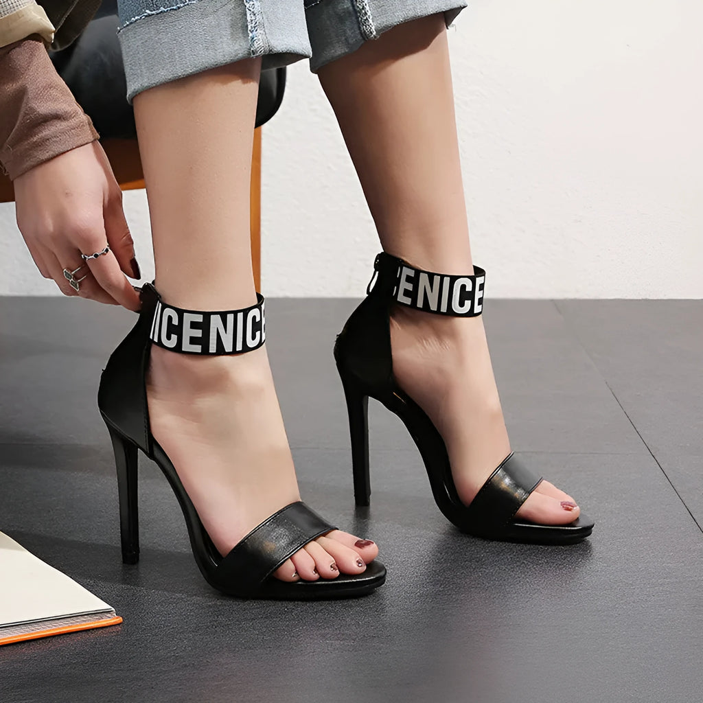 High heel stiletto sandals open toe with buckle strap in black artificial PU