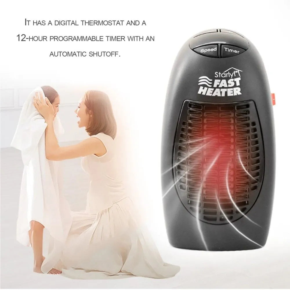 Black portable ceramic electric heater with digital display and rotating plug on a white background.