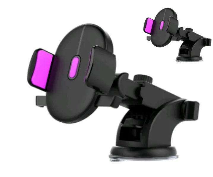 Yellow and black telescopic car phone holder with suction cup extended on a car dashboard.