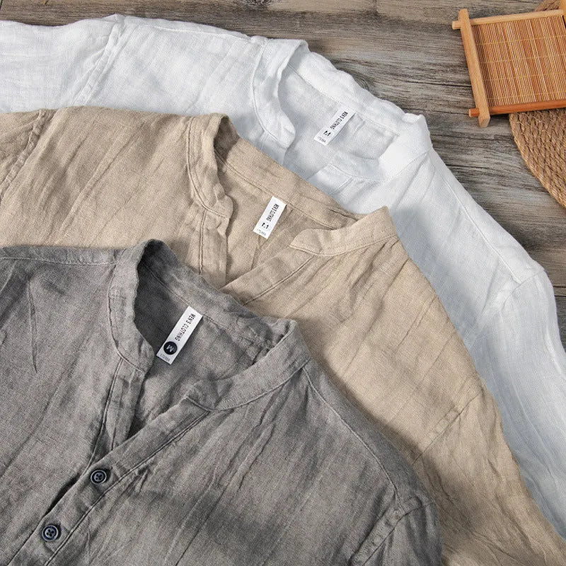 Retro linen pullover top in grey, shown on a model, featuring short sleeves and a solid colour.