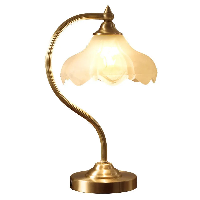 Gold copper and glass bedside table lamp, 23cm diameter and 42cm height, E27 fitting, 40W max