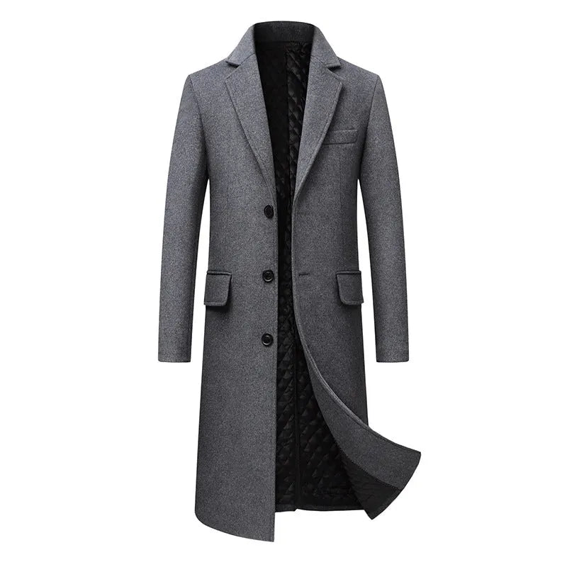 Men casual plus cotton long coat polyester blend lapel collar loose fit black colour
