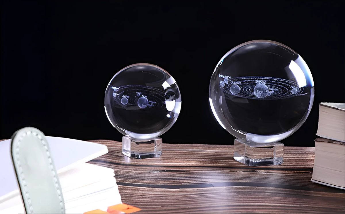 Solar system crystal ball in K9 crystal, available in 60mm, 80mm and 100mm with base options