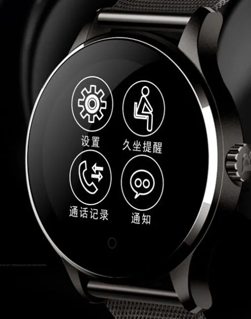 K88H smartwatch with heart rate monitoring on wrist in black case with steel strap
