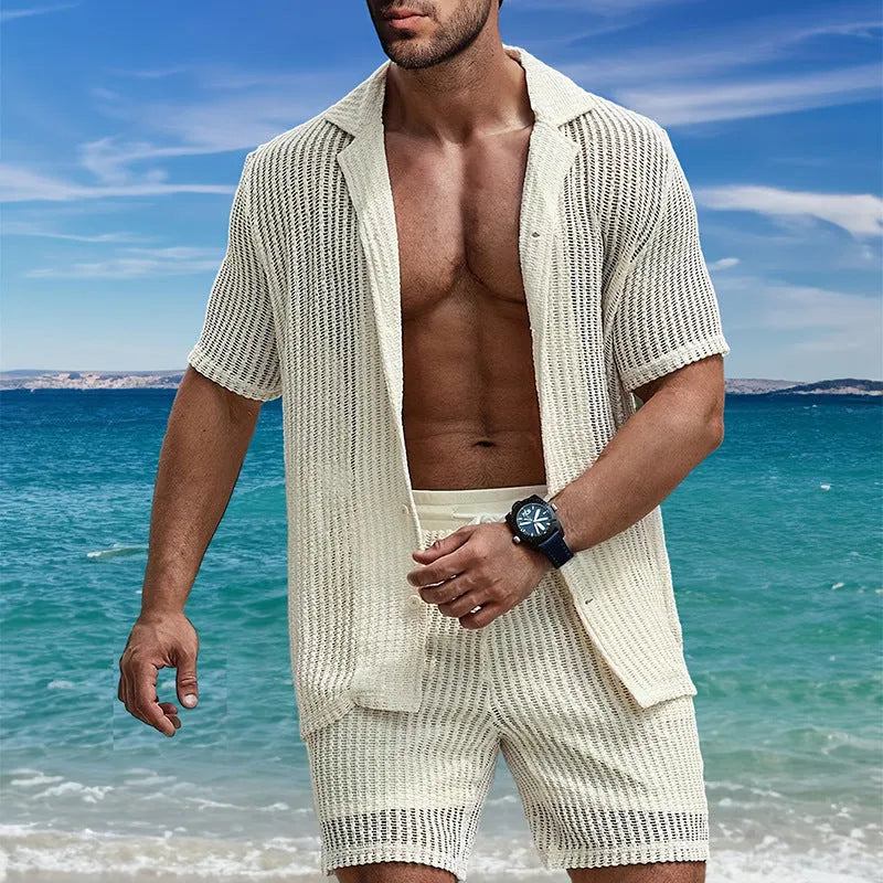 Men's light yellow retro stripe Henley shirt with cardigan lapel and short sleeves, regular fit