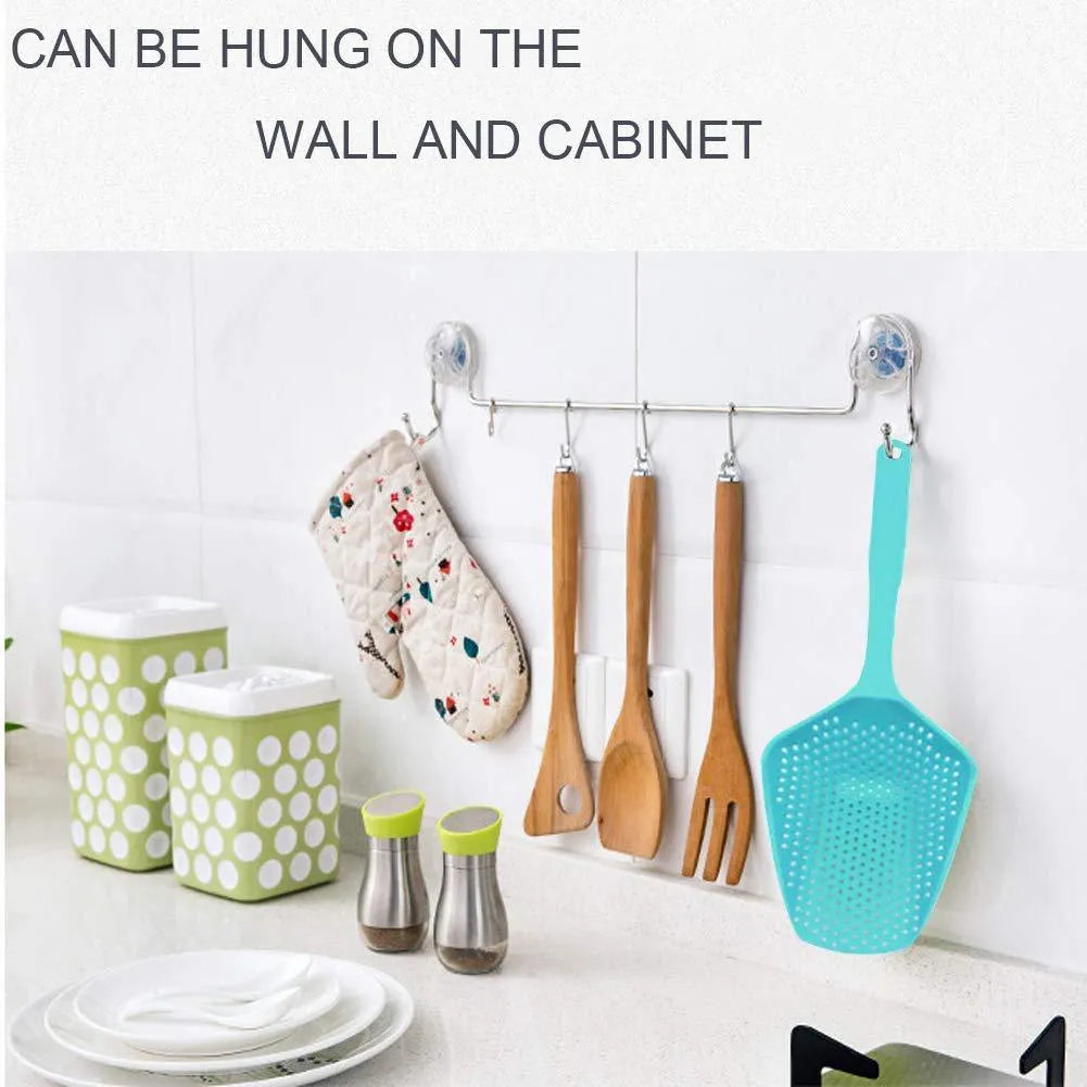 Large black nylon kitchen colander strainer scoop with draining holes for frying and soup.
