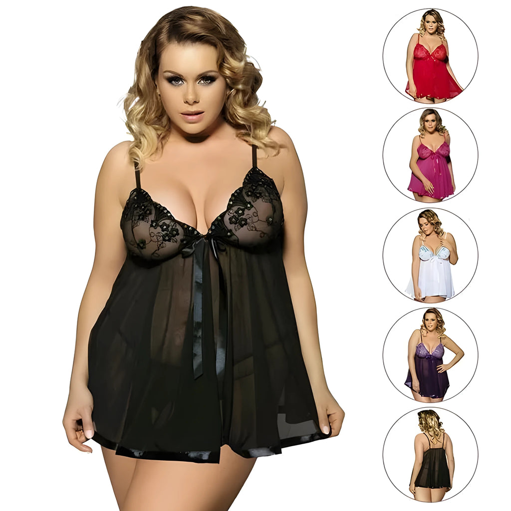 Women's plus size lace and mesh sleepdress lingerie in size 6XL on a hanger.