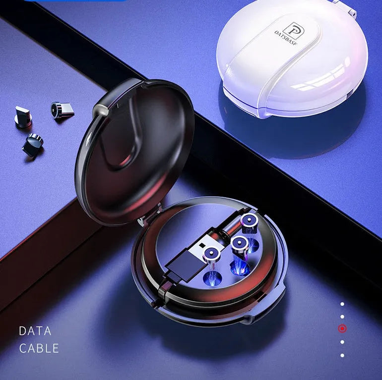 Black 3-in-1 magnetic retractable charger with car mount patch and 1-metre cable
