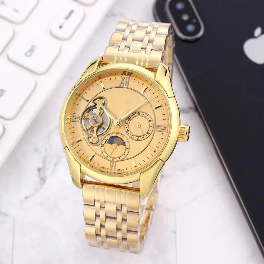 40.5mm mechanical watch with leather strap, stainless steel horseshoe buckle and spiral crown