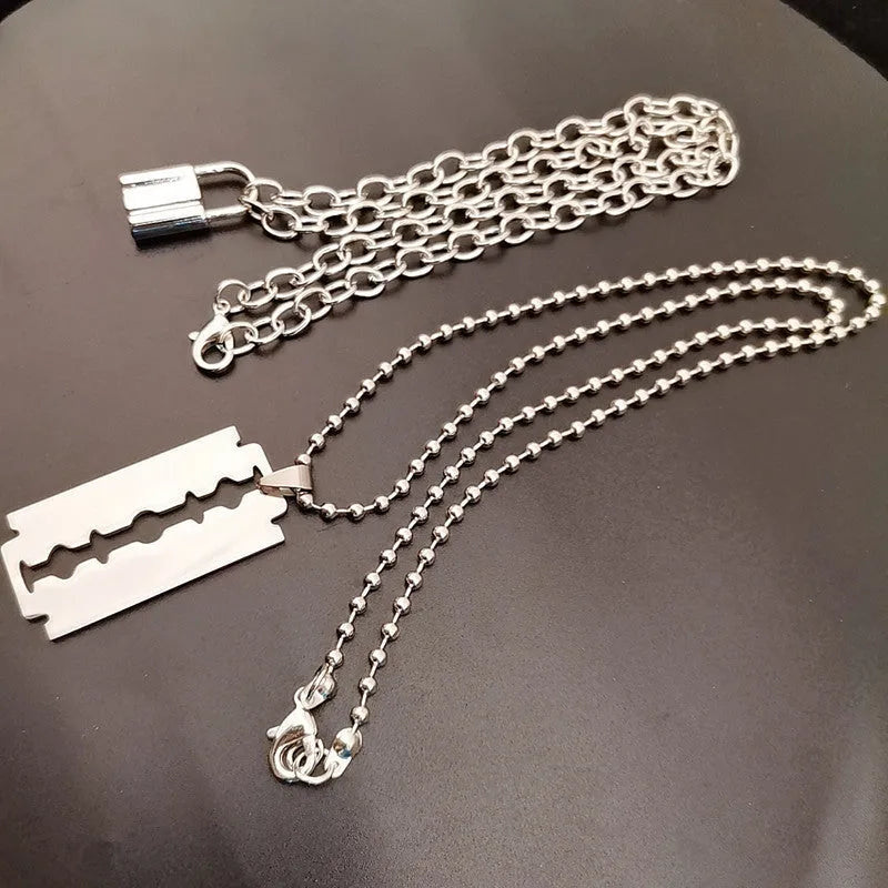 Layered chains punk necklace in alloy and titanium steel with electroplated finish in picture colour, Blade style option.