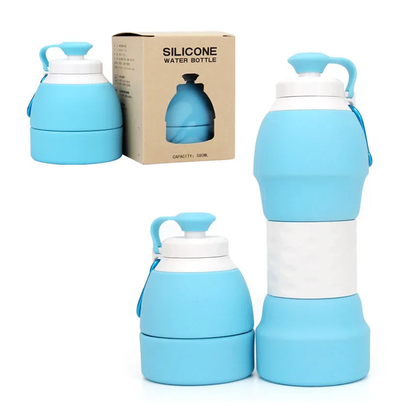 Blue silicone folding water bottle shown expanded and collapsed next to backpack for size comparison