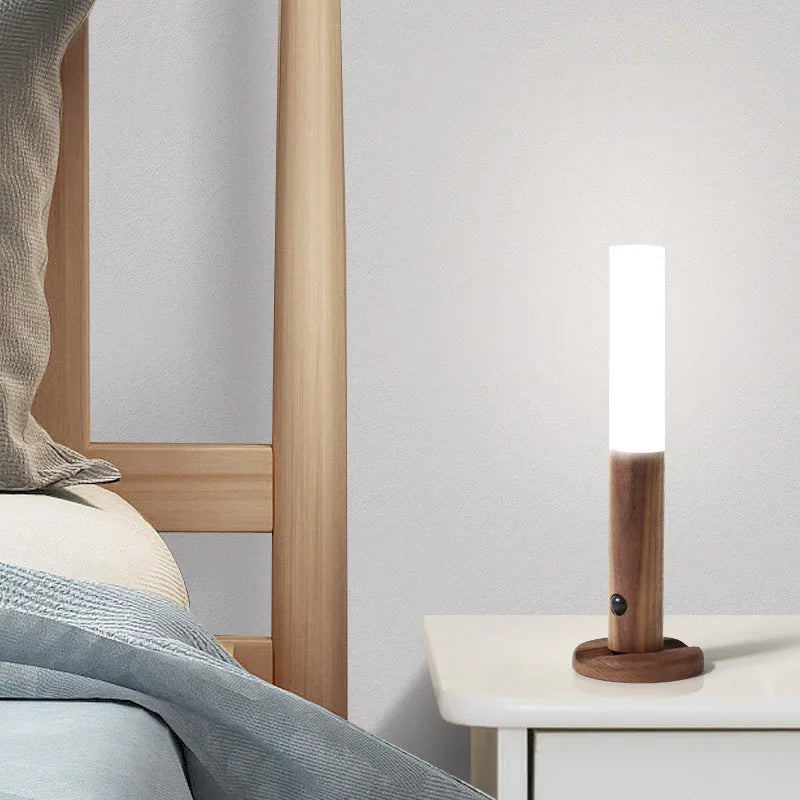 Smart sensor LED desk lamp with solid wood base and motion detection feature
