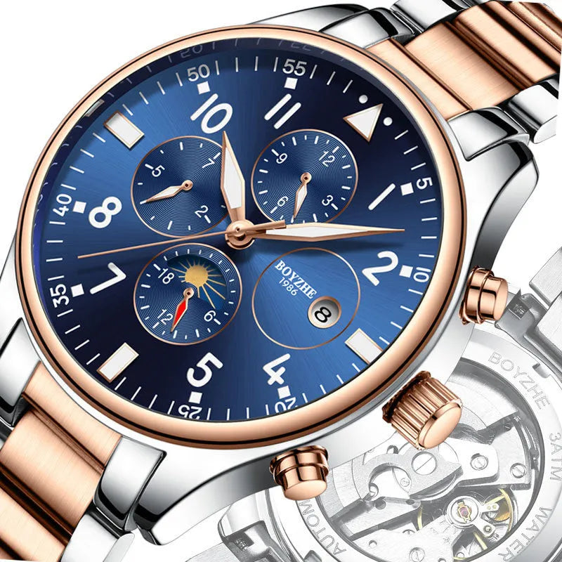Automatic mechanical watch with steel belt, 40mm dial, metal case, butterfly clasp, rose gold blue colour