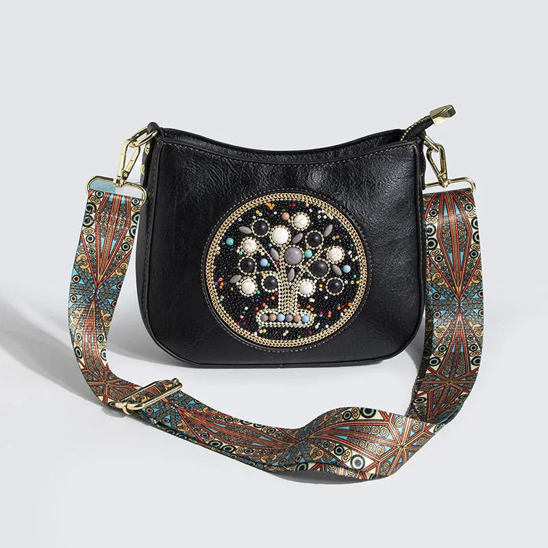 Straw bead turquoise ethnic style tote bucket crossbody bag for women with PU lining