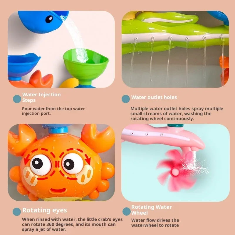 Children crab turntable water toy in yellow and red plastic for bath shower play