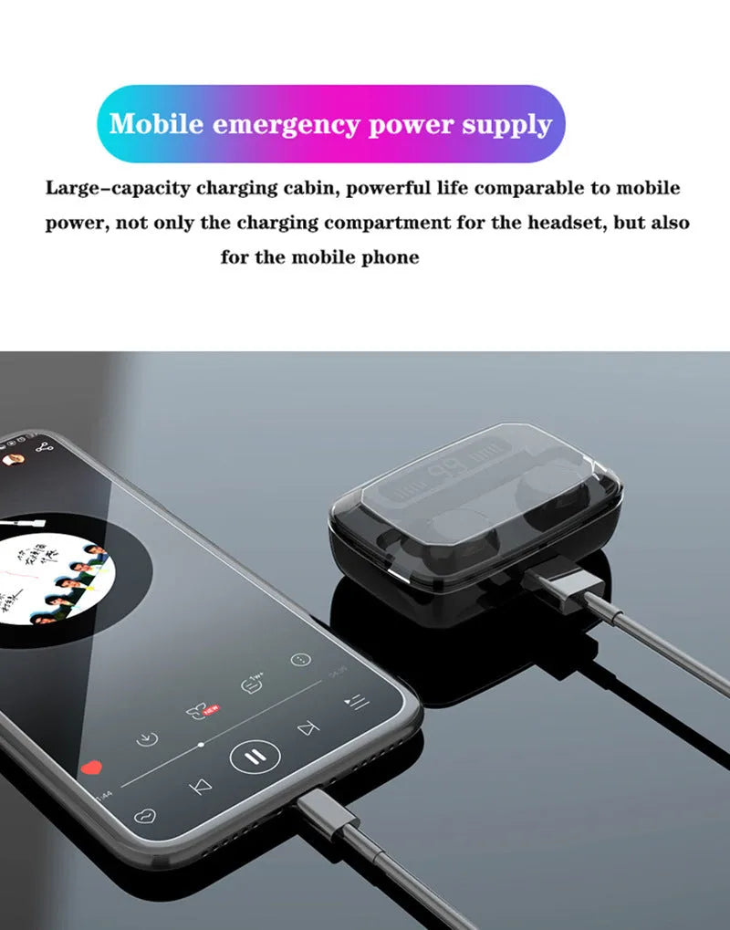 Black M11 wireless Bluetooth headset with charging case featuring a digital display.