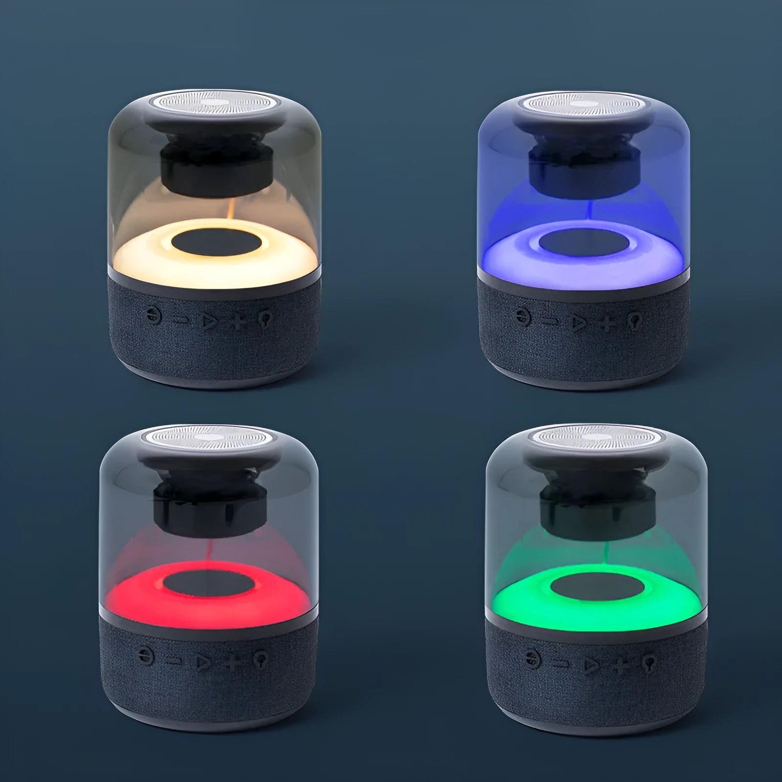 Four-colour light touch Bluetooth speaker with halo effect display showing wireless portable design