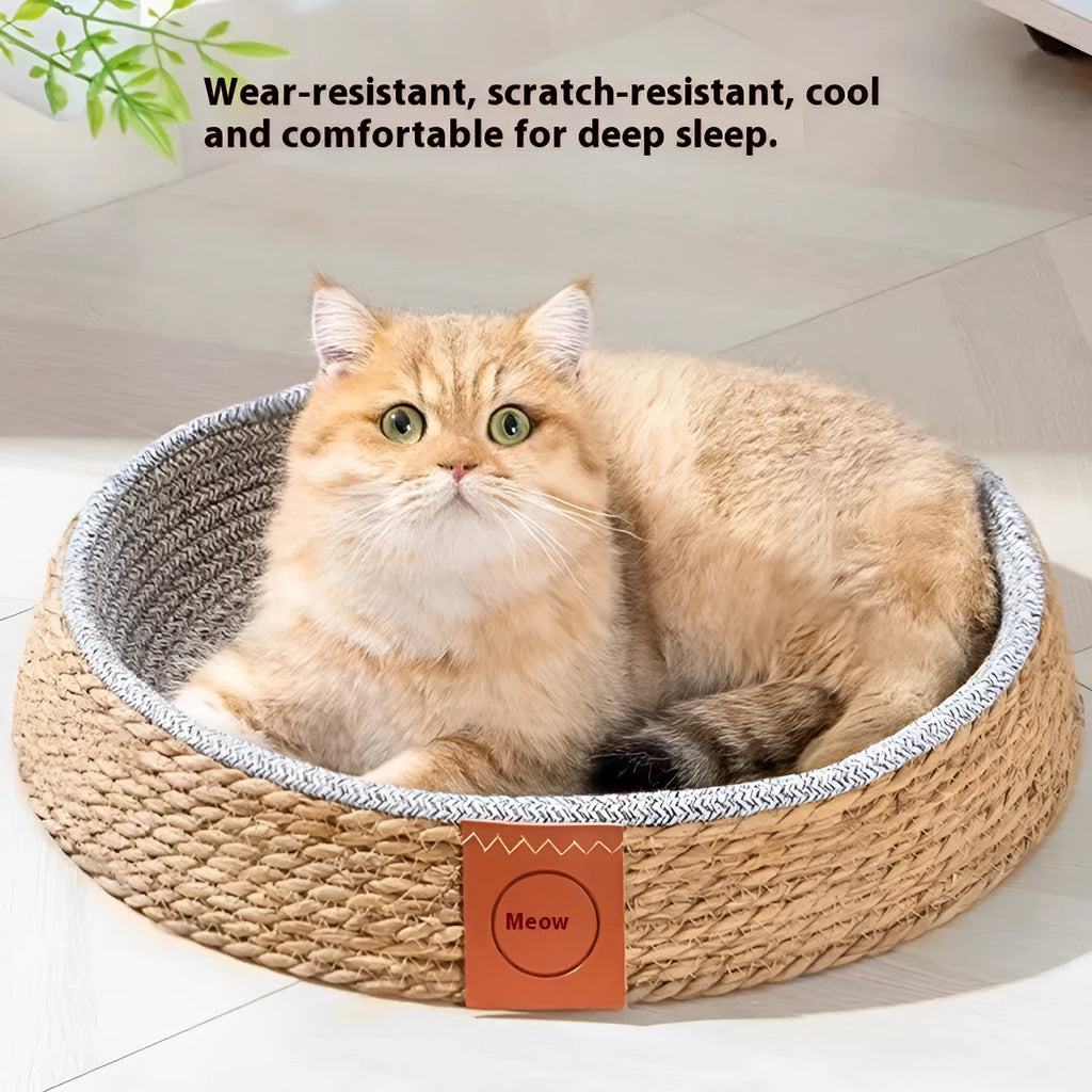 Natural woven rattan cat nest bed available in S, M, L, and XL sizes