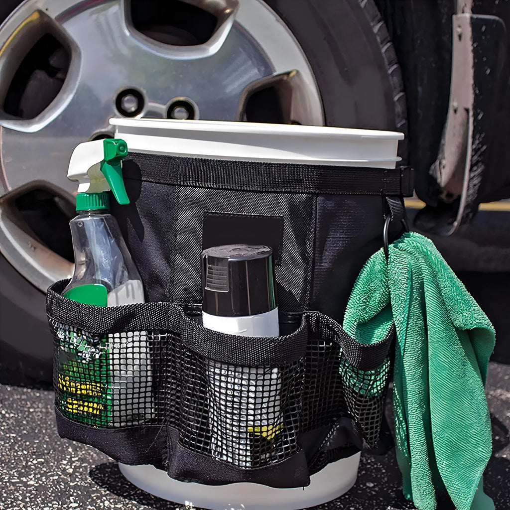 Black cylindrical polyester hanging storage bag for 5 gallon barrel tools and organiser.