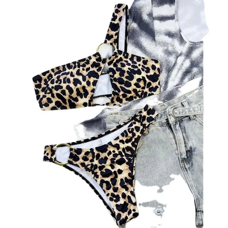 Women's leopard print bikini set with polka dots and hollow-out design on nylon fabric