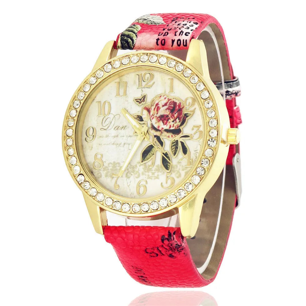 Diamond-inlaid gold case rose pattern fashion quartz watch with 38mm round dial and stainless steel buckle