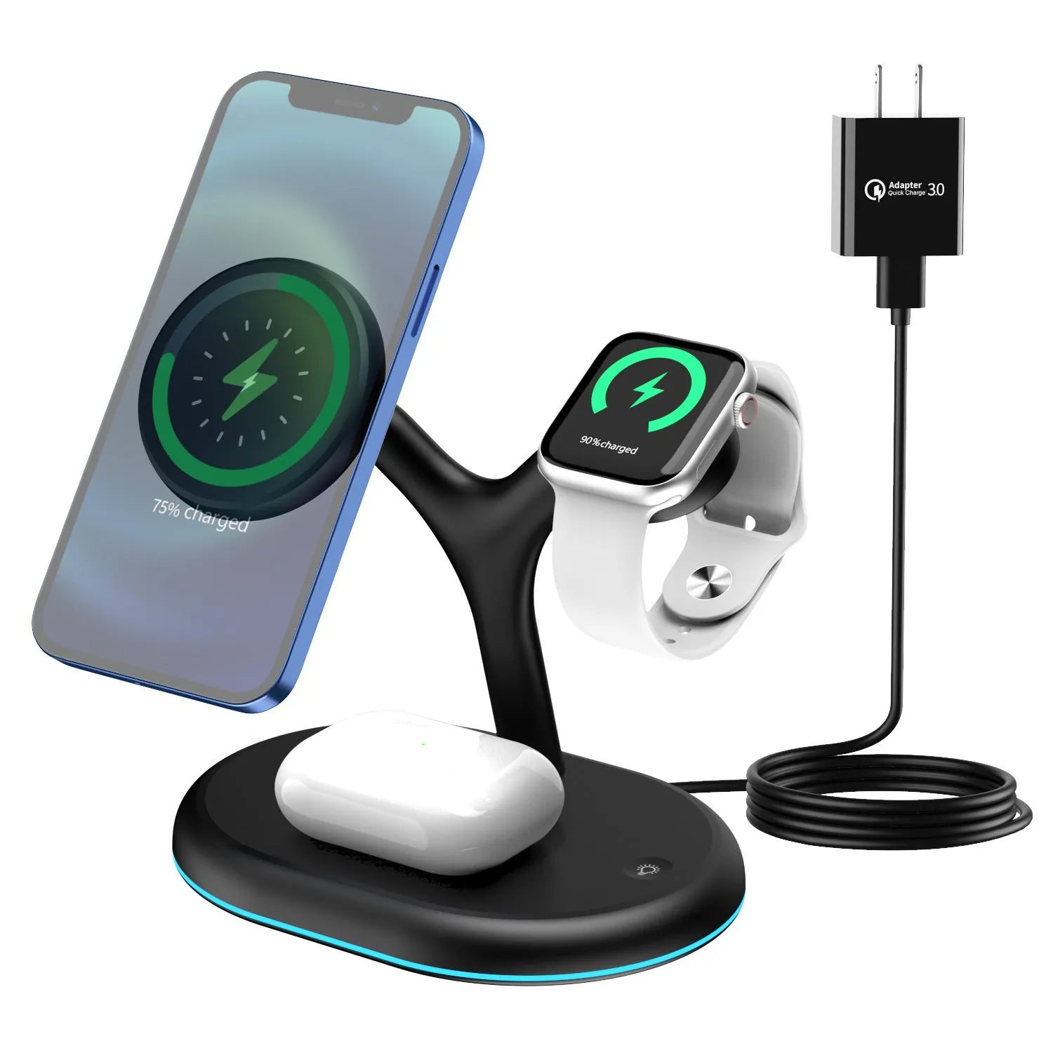 Black multifunctional three-in-one magnetic wireless charger on a table