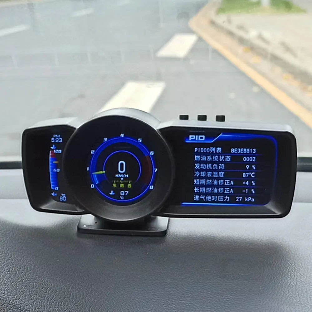 Car diagnostics monitor with TFT screen display showing vehicle parameters, OBDII connection cable