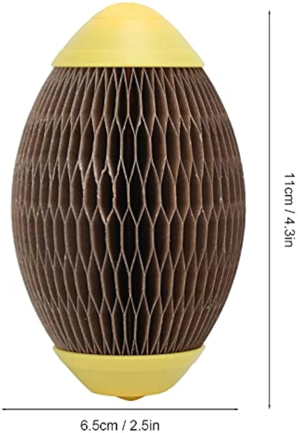 Ellipse shaped corrugated paper catnip ball scratch toy measuring 65mm by 108mm