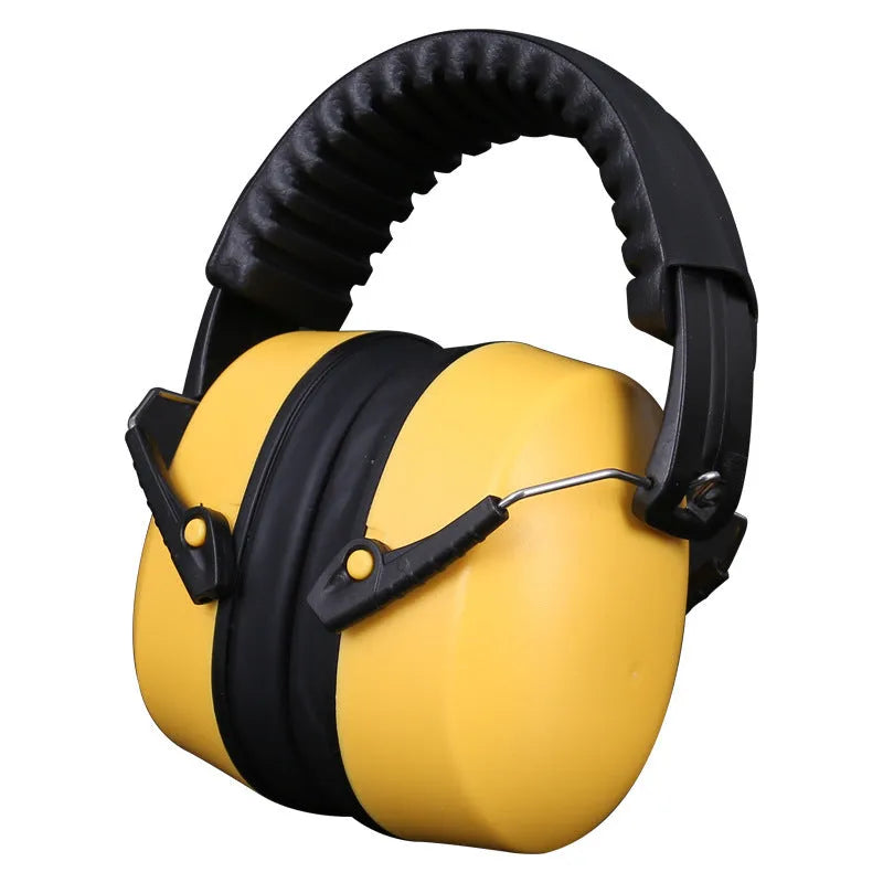 Orange head-mounted noise reduction earmuffs with padded ear cups on an adjustable elasticated headband.