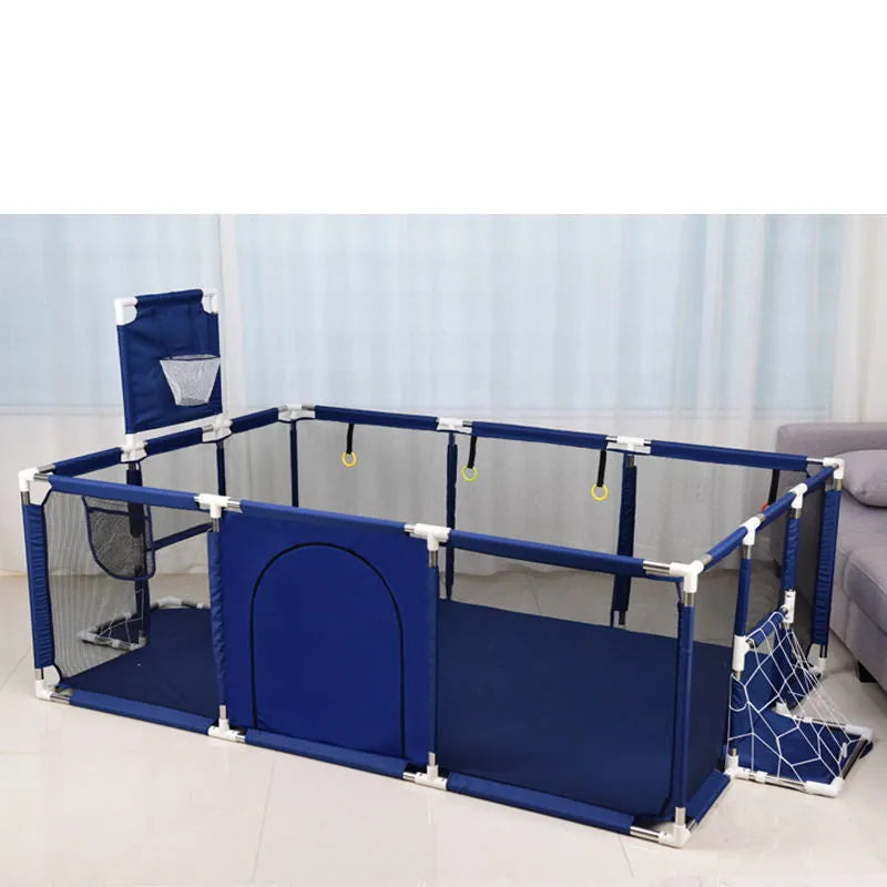 Large blue children's playpen tent with stainless steel frame and Oxford cloth walls set up indoors.