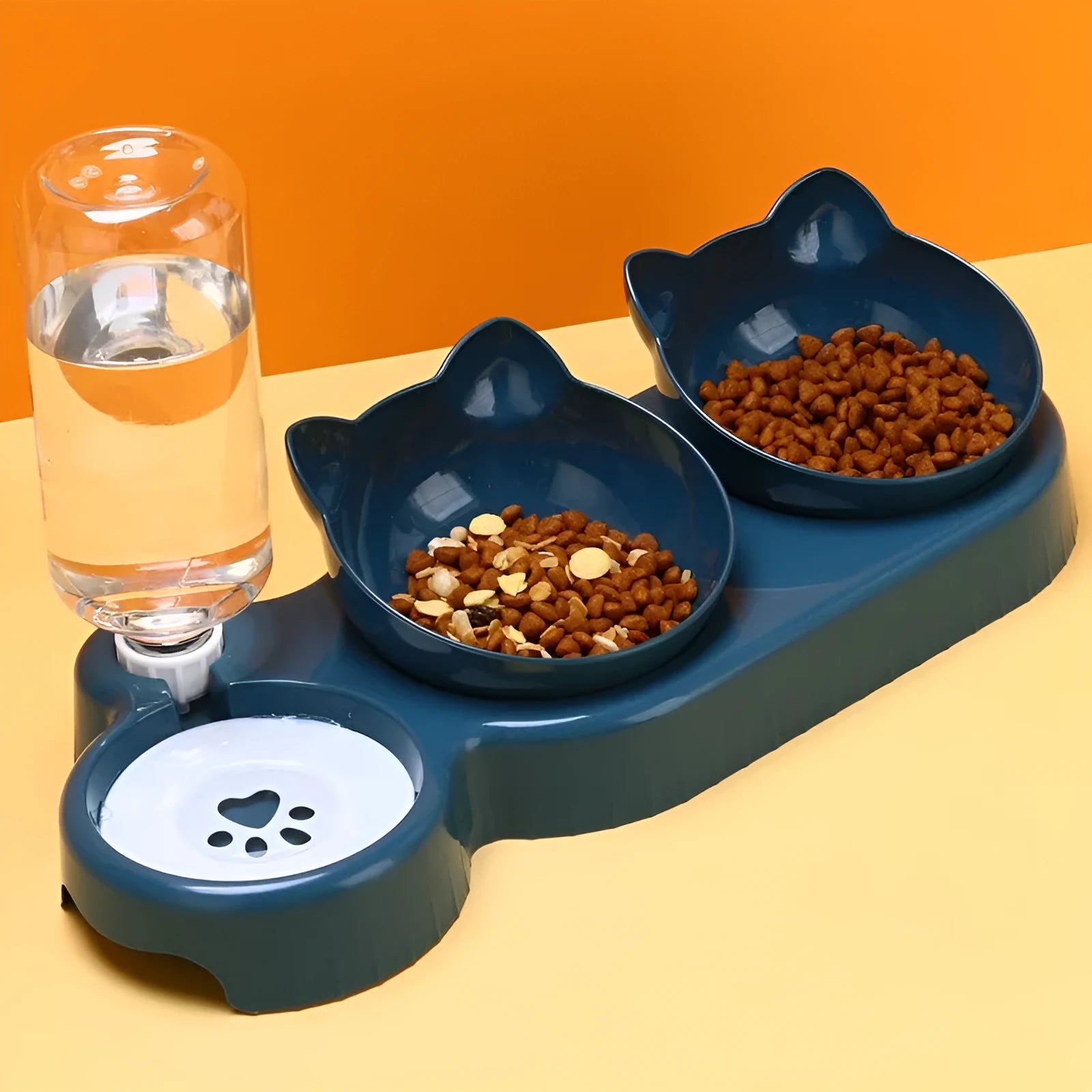 Plastic double bowl anti roll pet product for cats with anti-skid base, dark blue colour option