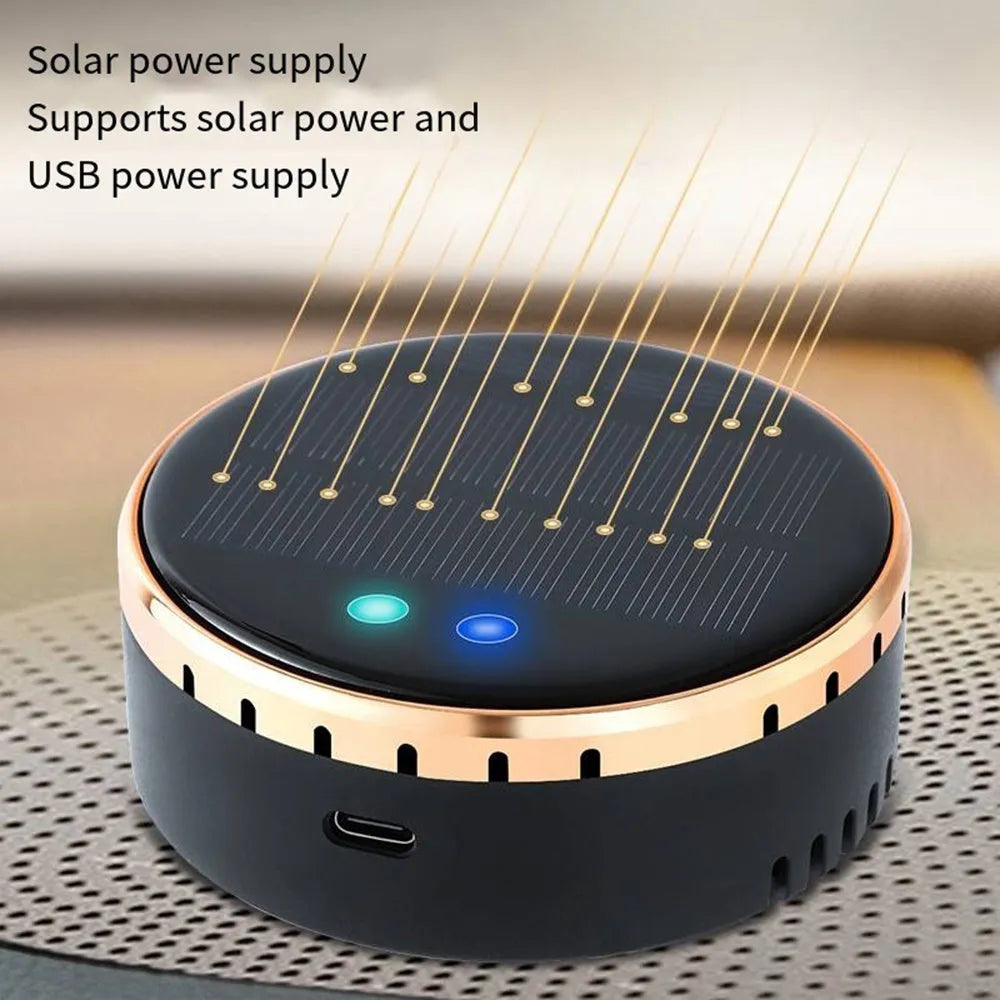 Compact black solar-powered car air humidifier installed in a vehicle air vent.