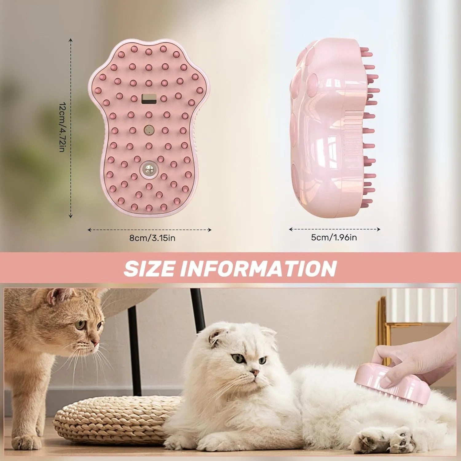 Self-cleaning cat steam brush with blue light, silicone bristles, and rechargeable spray function