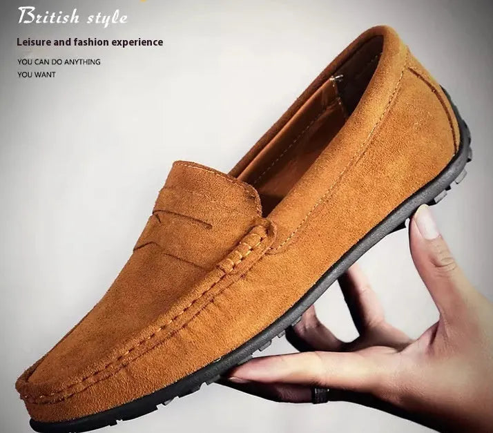 Men's plus size Gommino style casual shoes in suede leather with round toe and rubber sole.