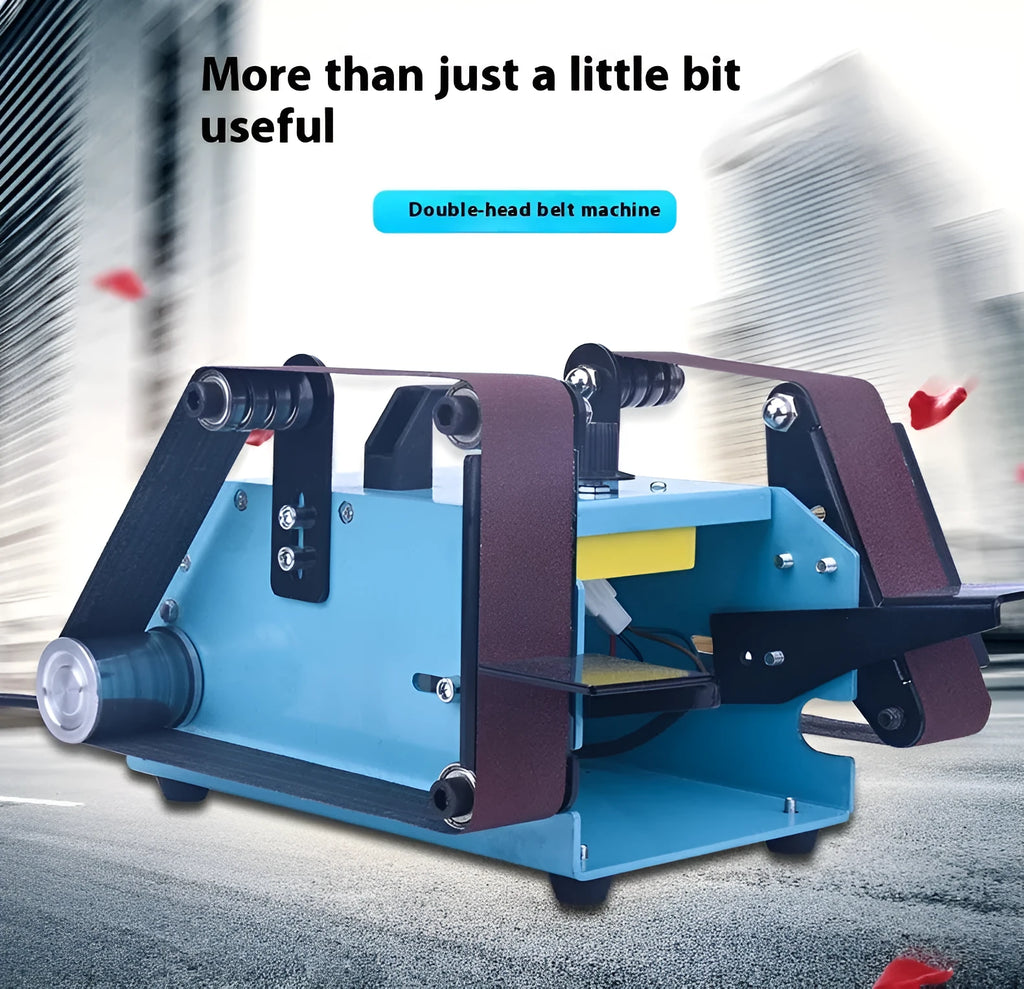 Blue desktop belt sander with variable speed control for sharpening knives and tools on a workbench.